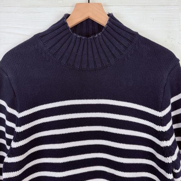 J.Crew Turtleneck Sweater Women Large Navy Stripe Cotton Chunky Knit Coastal - Picture 4 of 16
